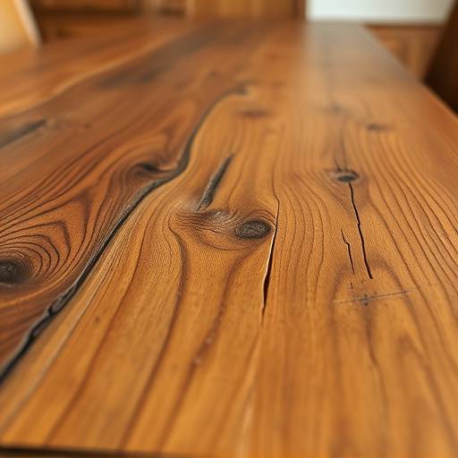 Close-up of a hand-carved oak dining table with a rich, natural finish