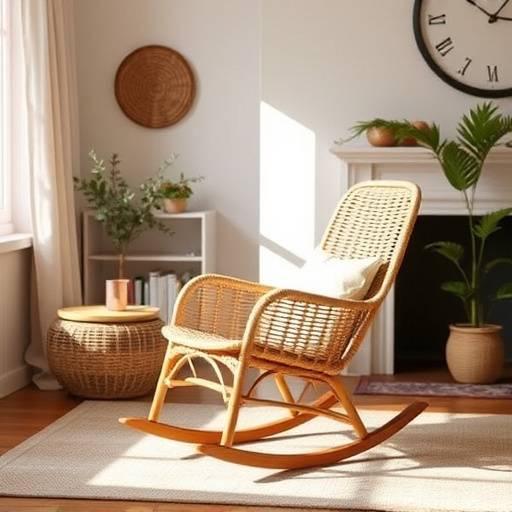 Handcrafted wooden rocking chair with a woven seat, placed in a cozy living room setting.